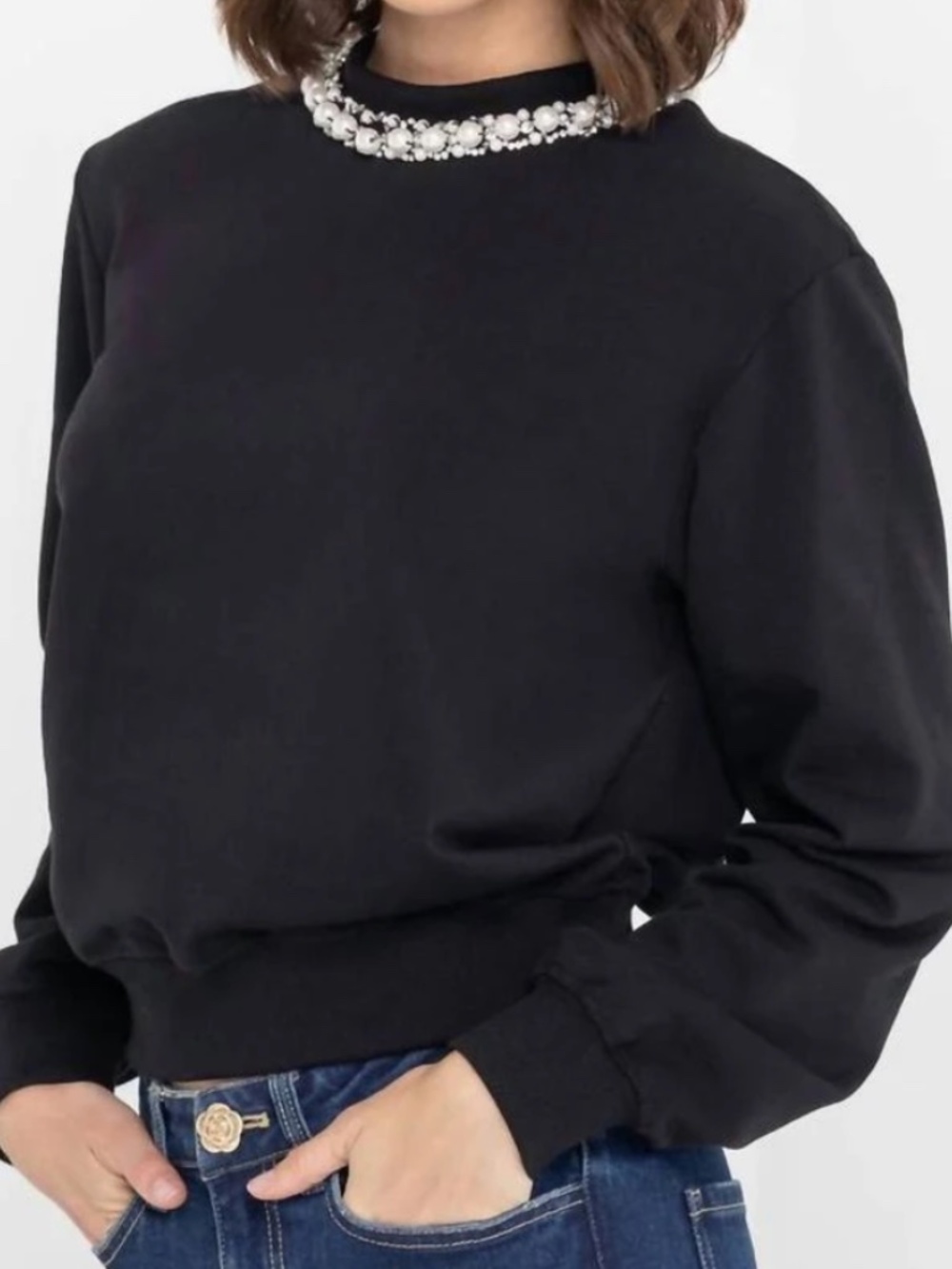 Generation Love - Jill Pearl Embellished Sweatshirt, Black, Size Large, New